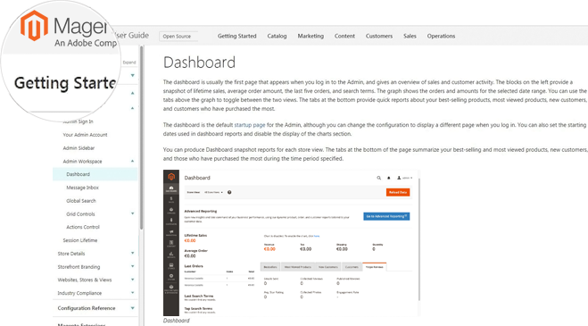 Screenschot dashboard CMS Magento met vergrootglas in linkerbovenhoek - in kleur op transparante achtergrond - 659 * 365 pixels
